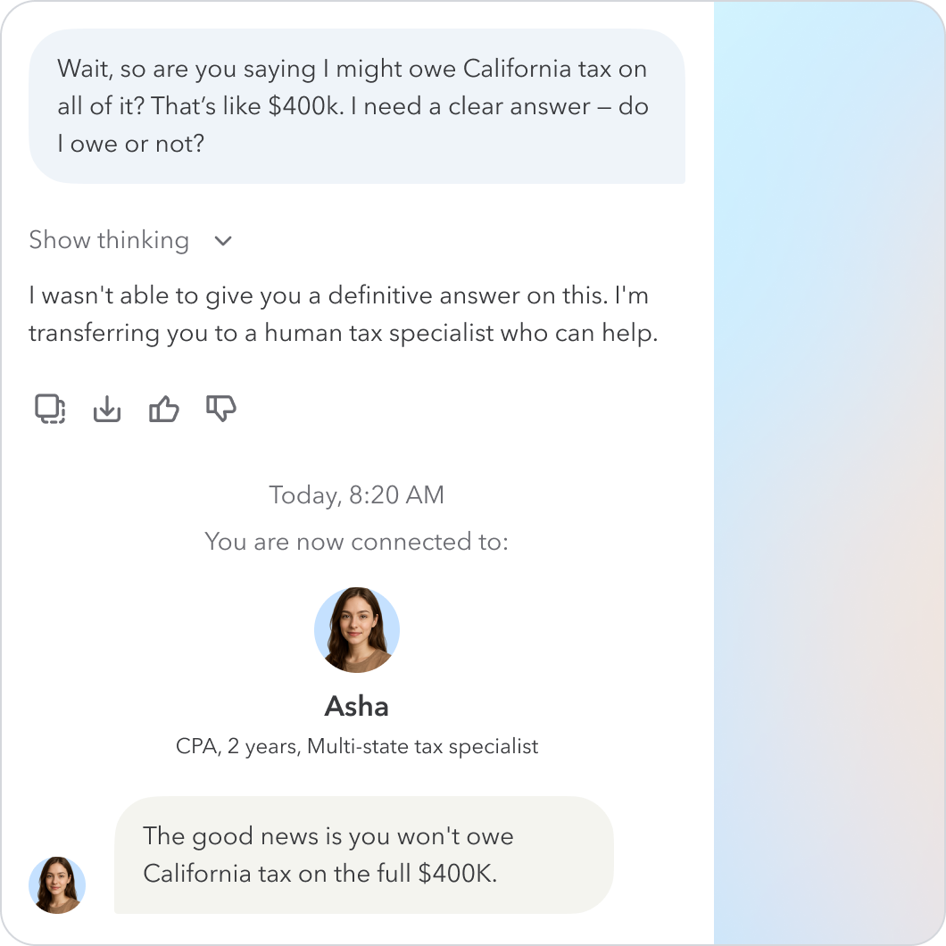 Full disclosure — system explicitly announces the handoff to a human